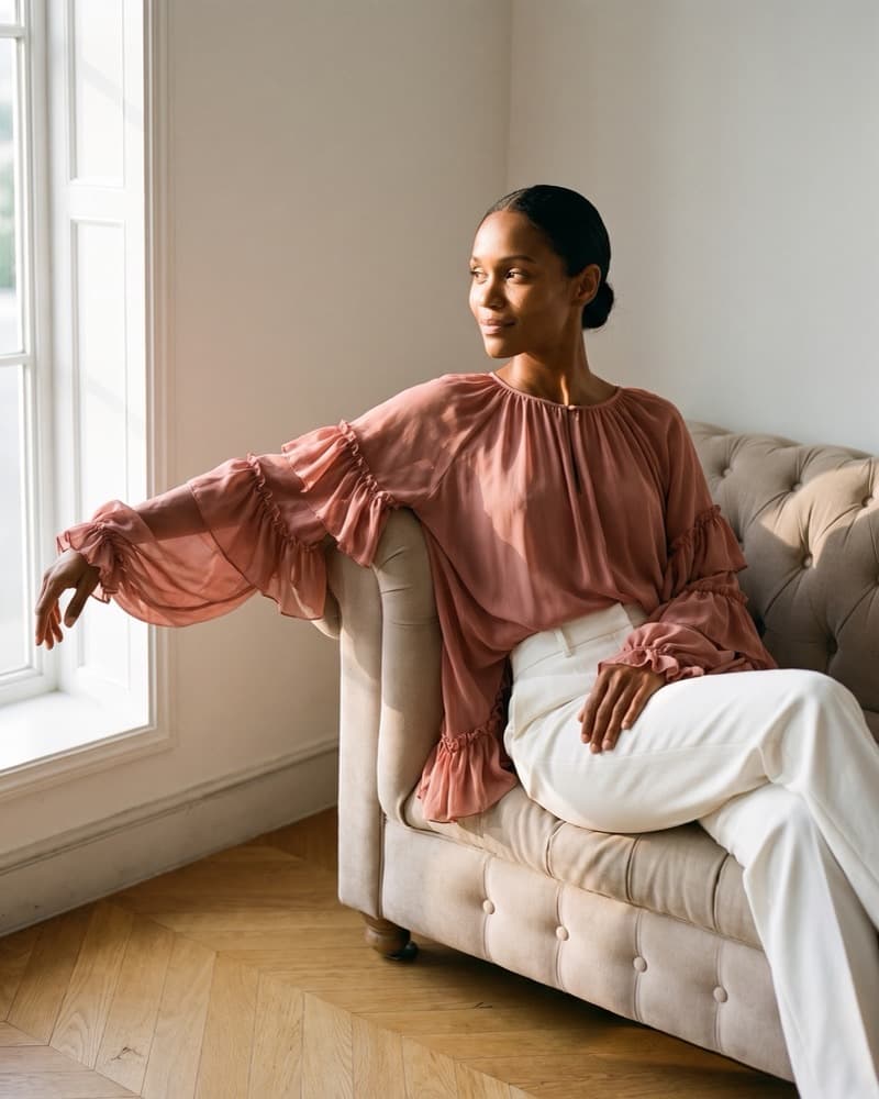 The same blouse worn seated on a buttoned sofa in a panelled room, warm window light from the left catching the tiered chiffon sleeve.