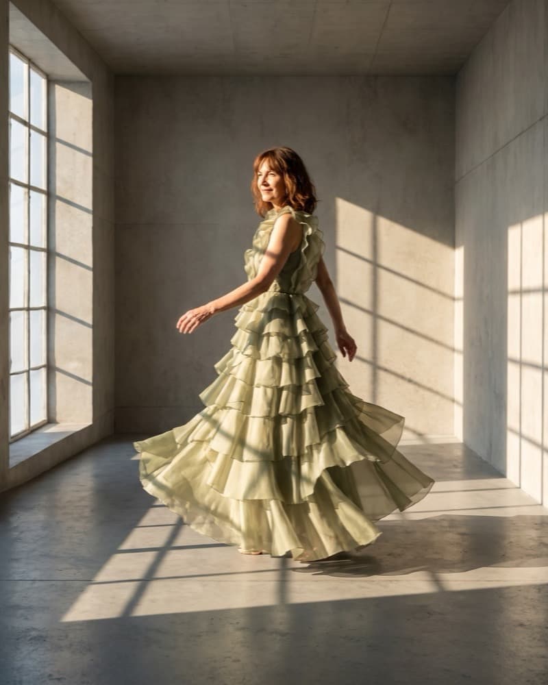 The same gown in the same gallery worn by a different cast member, the tiered skirt flaring mid-turn.